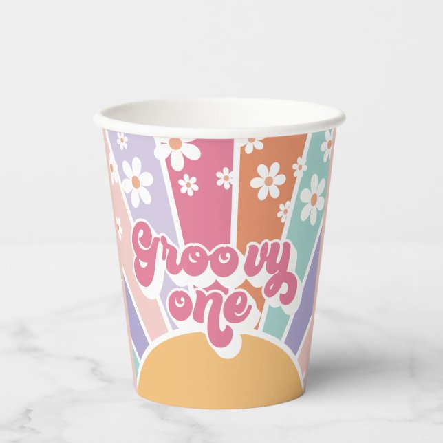 Groovy One Retro Sunshine Rainbow Daisy Paper Cups (Front)
