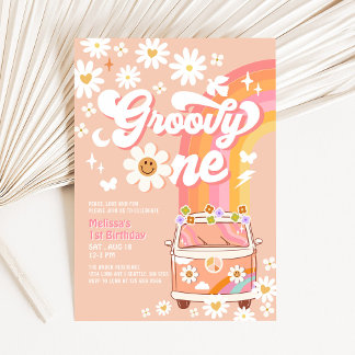 Groovy One Van Peach Daisy Rainbow 1st Birthday Invitation