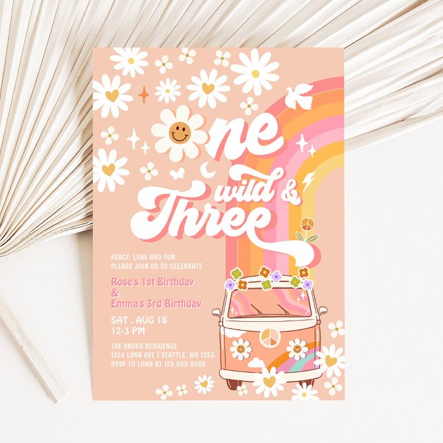 Groovy ONE Wild and THREE Daisy Rainbow Birthday Invitation (Creator Uploaded)