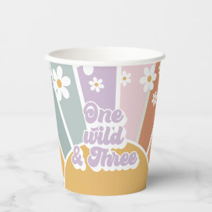 Groovy One Wild Three Retro Sunshine Rainbow Paper Cups