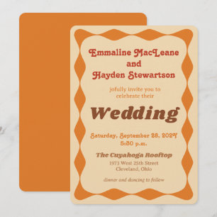 Groovy Orange and Brown Wavy Border Wedding Invitation