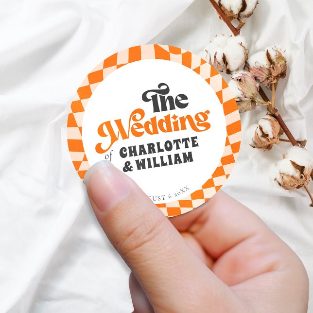 Groovy Orange Chequered Modern Retro Wedding Classic Round Sticker (Creator Uploaded)