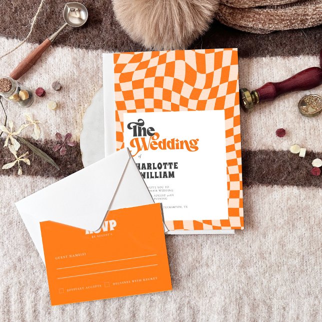 Groovy Orange Chequered Modern Retro Wedding Invitation (Creator Uploaded)
