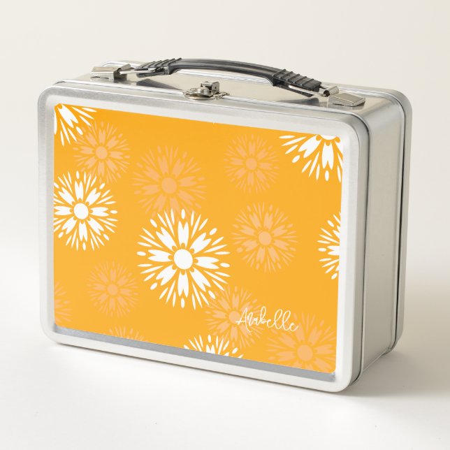 Groovy Orange Daisy Flower Retro Floral Name  Metal Lunch Box