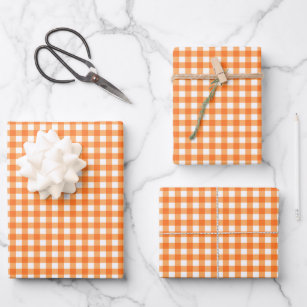 Groovy Orange Gingham Check Pattern Wrapping Paper Sheet