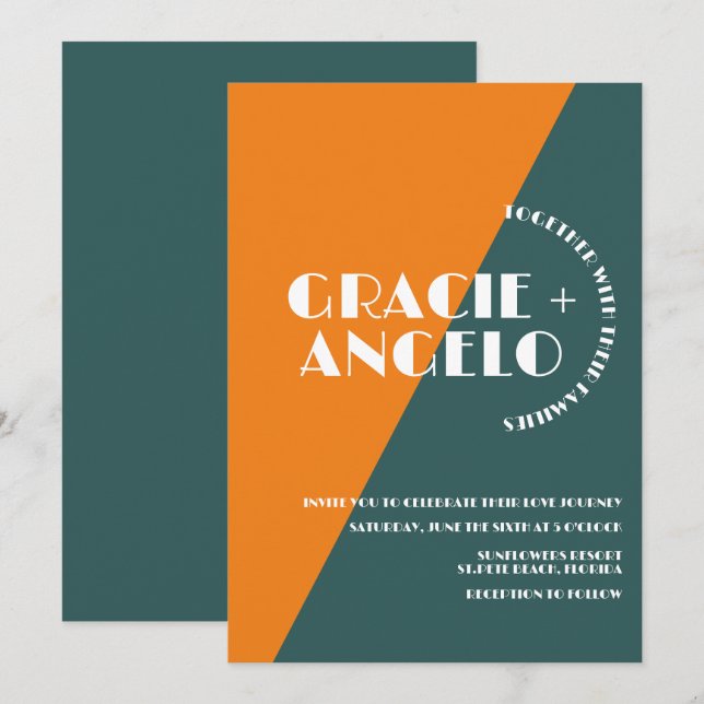 Groovy Orange Green Two Tones Wedding Invitation (Front/Back)