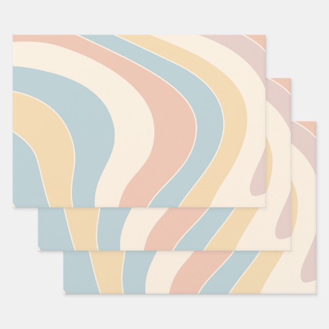 Groovy pastel retro style waves design wrapping paper sheet (Set)