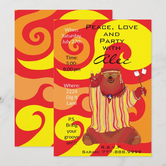 Groovy Peace Bear 1960"s Style Invitation (Front/Back)