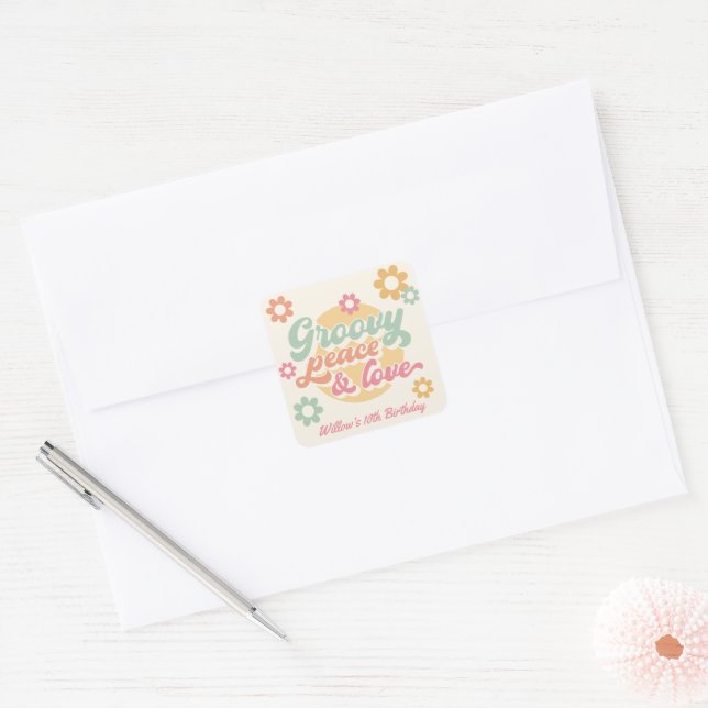 Groovy Peace Love 60's 70's Flowers Birthday Party Square Sticker (Envelope)