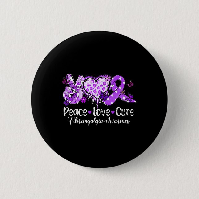 Groovy Peace Love Cure Purple Ribbon Fibromyalgia  2 Inch Round Button (Front)