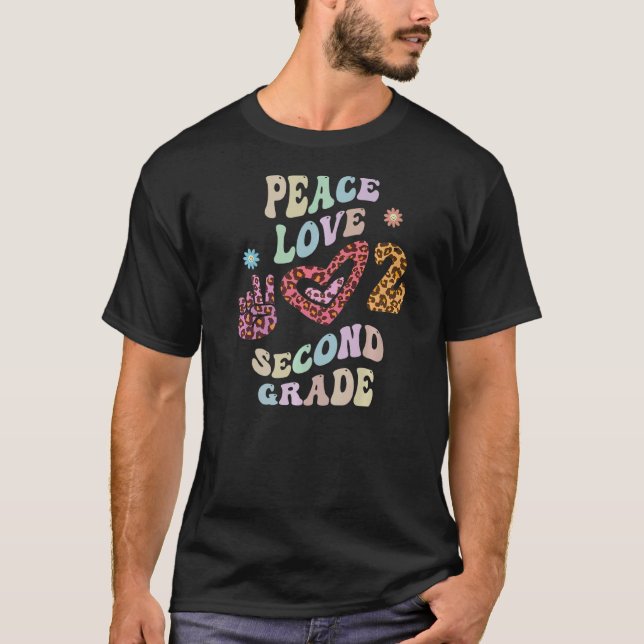 Groovy PEACE LOVE SECOND GRADE Leopard Print 2nd G T-Shirt (Front)