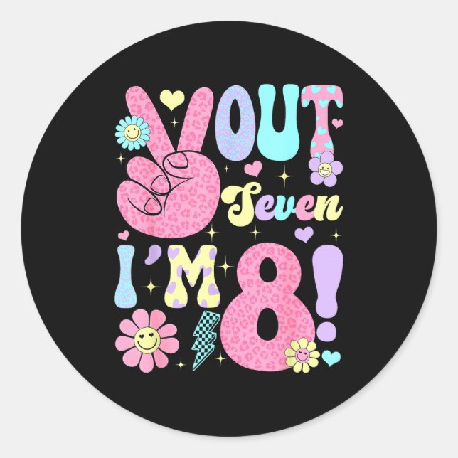 Groovy Peace Out Seven I'm 8 Years Old 8th Birthda Classic Round Sticker (Front)