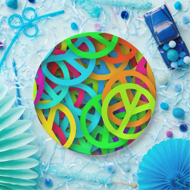 Groovy Peace Signs Rainbow Pattern Paper Plate (Party)
