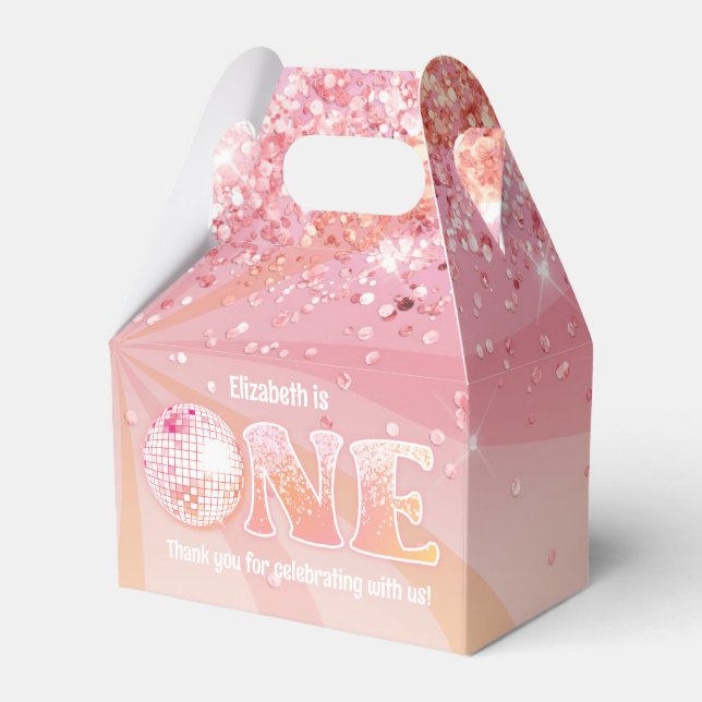 Groovy Peach Pink Disco Dancing Queen 1st Birthday Favor Box (Front Side)