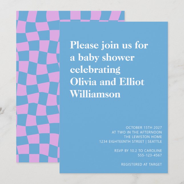 Groovy Periwinkle Chequerboard Cute Baby Shower Invitation (Front/Back)