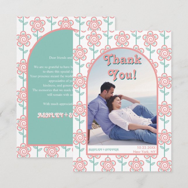 Groovy pink and aqua flowers 70s wedding photo thank you card (Front/Back)