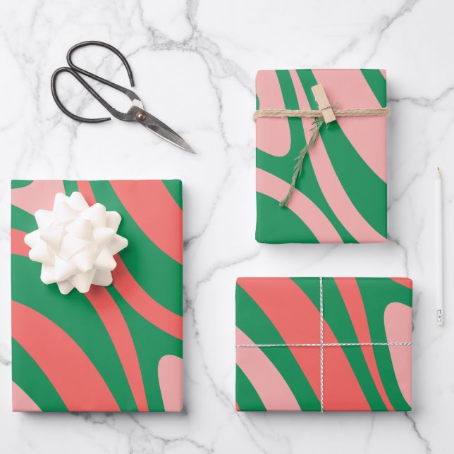 Groovy Pink and Green Retro Christmas Swirls  Wrapping Paper Sheet (Front)