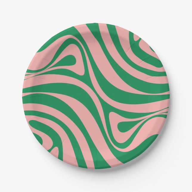 Groovy Pink and Green Retro Swirls Paper Plate (Front)