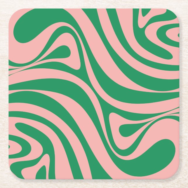Groovy Pink and Green Retro Swirls Square Paper Coaster (Front)