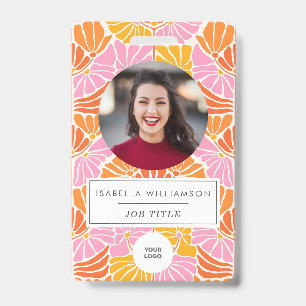 Groovy Pink Boho Floral Unique Employee Photo ID Badge