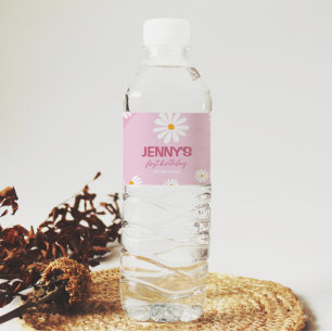 Groovy Pink Daisy Birthday Water Bottle Label