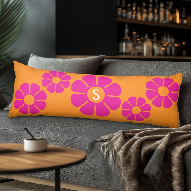 Groovy Pink Daisy with Custom Orange Monogram Body Pillow (Body Pillow with Monogram)