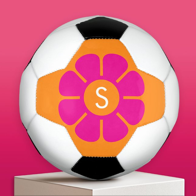 Groovy Pink Daisy with Custom Orange Monogram Soccer Ball (Custom Soccer Ball)