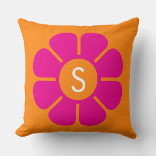 Groovy Pink Daisy with Custom Orange Monogram Throw Pillow