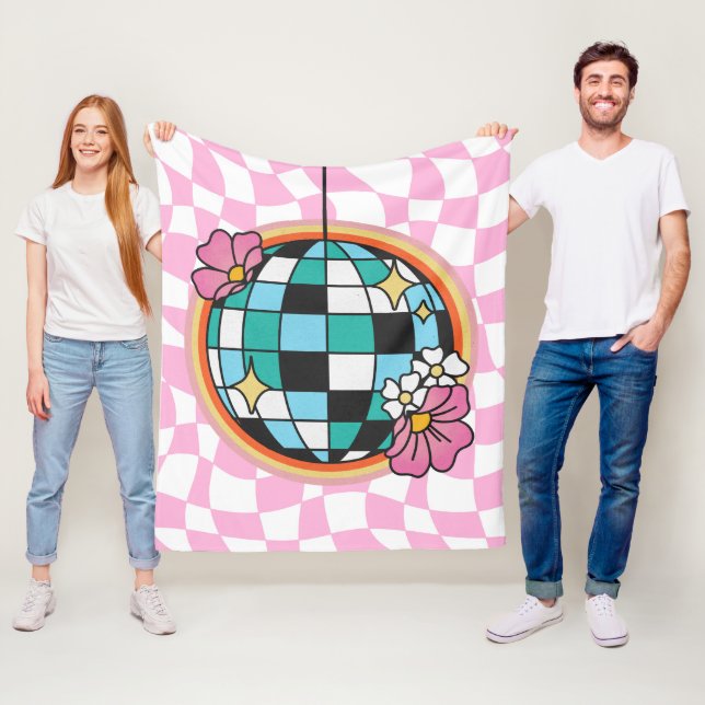 Groovy Pink Disco Ball 60s Hippie Retro Chequered Fleece Blanket (In Situ)