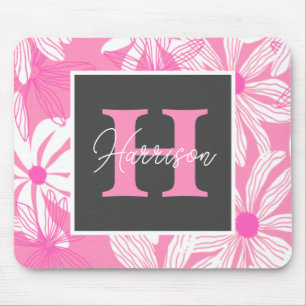 Groovy pink floral Flowers Monogram Mouse Pad