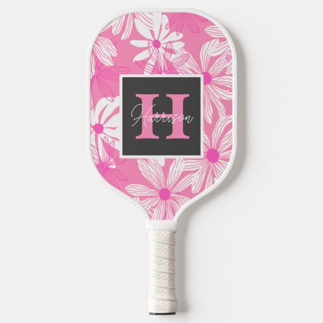Groovy pink floral Monogram & Name Personalized  Pickleball Paddle (Front)