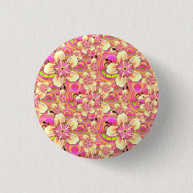 groovy pink flower pattern 1 inch round button (Front)