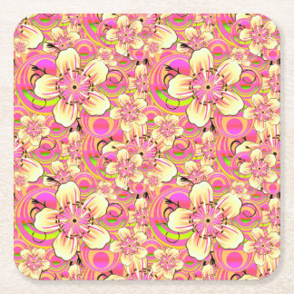 groovy pink flower pattern square paper coaster