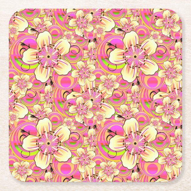 groovy pink flower pattern square paper coaster (Front)