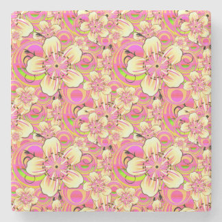 groovy pink flower pattern stone coaster
