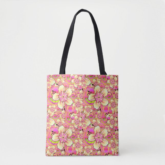 groovy pink flower pattern tote bag (Front)