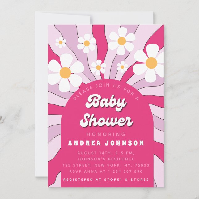 Groovy Pink Hippie Retro Daisy 70s Baby Shower Invitation (Front)