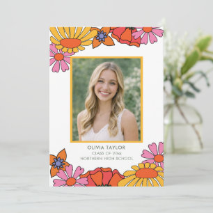 Groovy Pink Orange Flowers Photo Graduation 2026 Announcement