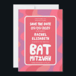 Groovy Pink Waves Custom Bat Mitzvah Save The Date<br><div class="desc">Perfect card to announce a bat mitzvah or other Jewish celebration and ask guests to save the date! Hand made art for you with handlettering on the front and back side! FULLY CUSTOMIZABLE! Click on “Personalize” above to edit the text. Click "edit using design tool" to adjust the fonts, colours...</div>