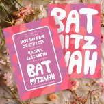 Groovy Pink Waves Custom Bat Mitzvah Save The Date<br><div class="desc">Perfect card to announce a bat mitzvah or other Jewish celebration and ask guests to save the date! Hand made art for you with handlettering on the front and back side! FULLY CUSTOMIZABLE! Click on “Personalize” above to edit the text. Click "edit using design tool" to adjust the fonts, colours...</div>