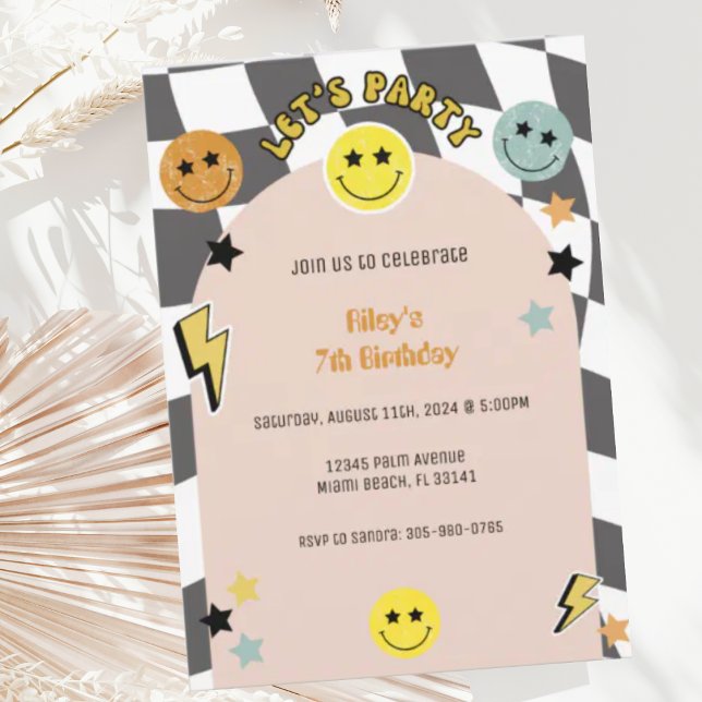 Groovy Preppy Y2K Happy Face Retro Birthday Invitation (Creator Uploaded)