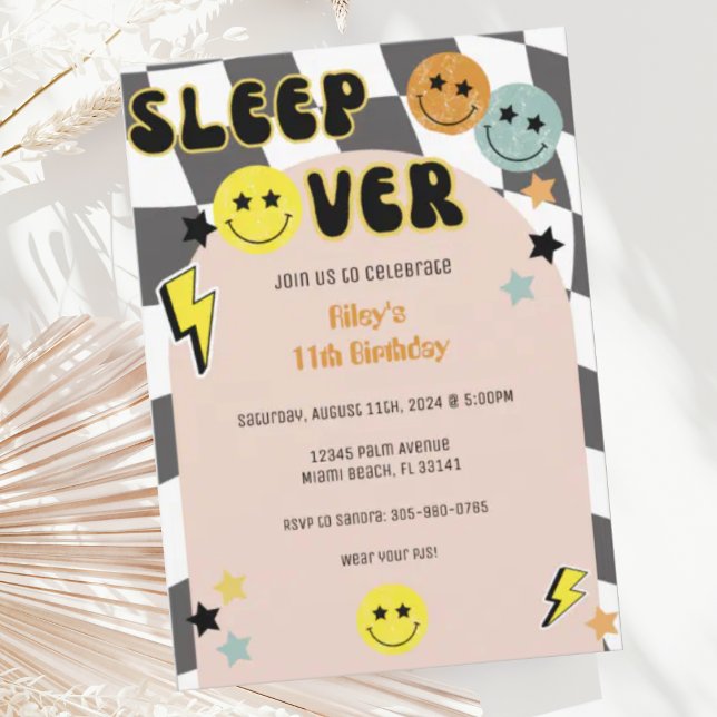 Groovy Preppy Y2K Happy Face Sleep Over Birthday Invitation (Creator Uploaded)