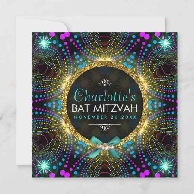 Groovy Princess Mint Pink Blacklight Bat Mitzvah Invitation (Front)