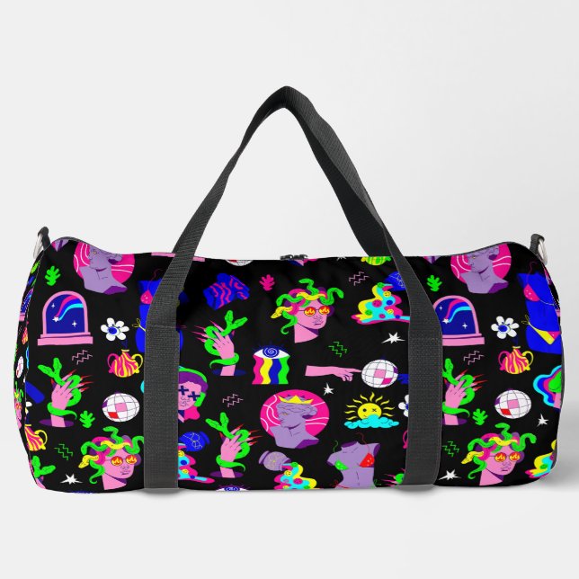 groovy psychedelic medusa disco black duffle bag (Front)