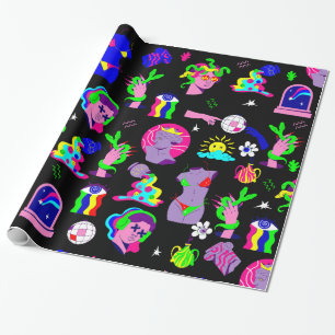 groovy psychedelic medusa disco black wrapping paper