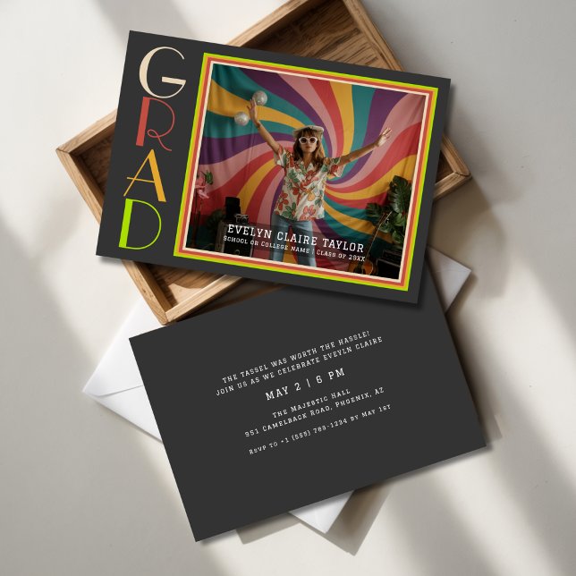 Groovy Psychedelic Retro Daisy Photo Graduation Invitation (Creator Uploaded)