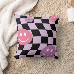 Groovy psychedelic Retro Smiley Checkerboard, Throw Pillow