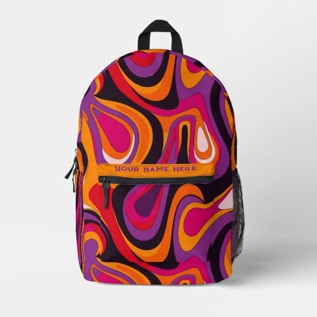 Groovy Psychedelic Retro Swirls Printed Backpack (Front)