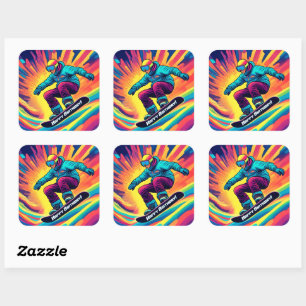 Groovy Psychedelic Teen Snowboarder Birthday Square Sticker
