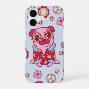 Groovy Pug Vibes Retro Peace And Flowers iPhone 16 Case